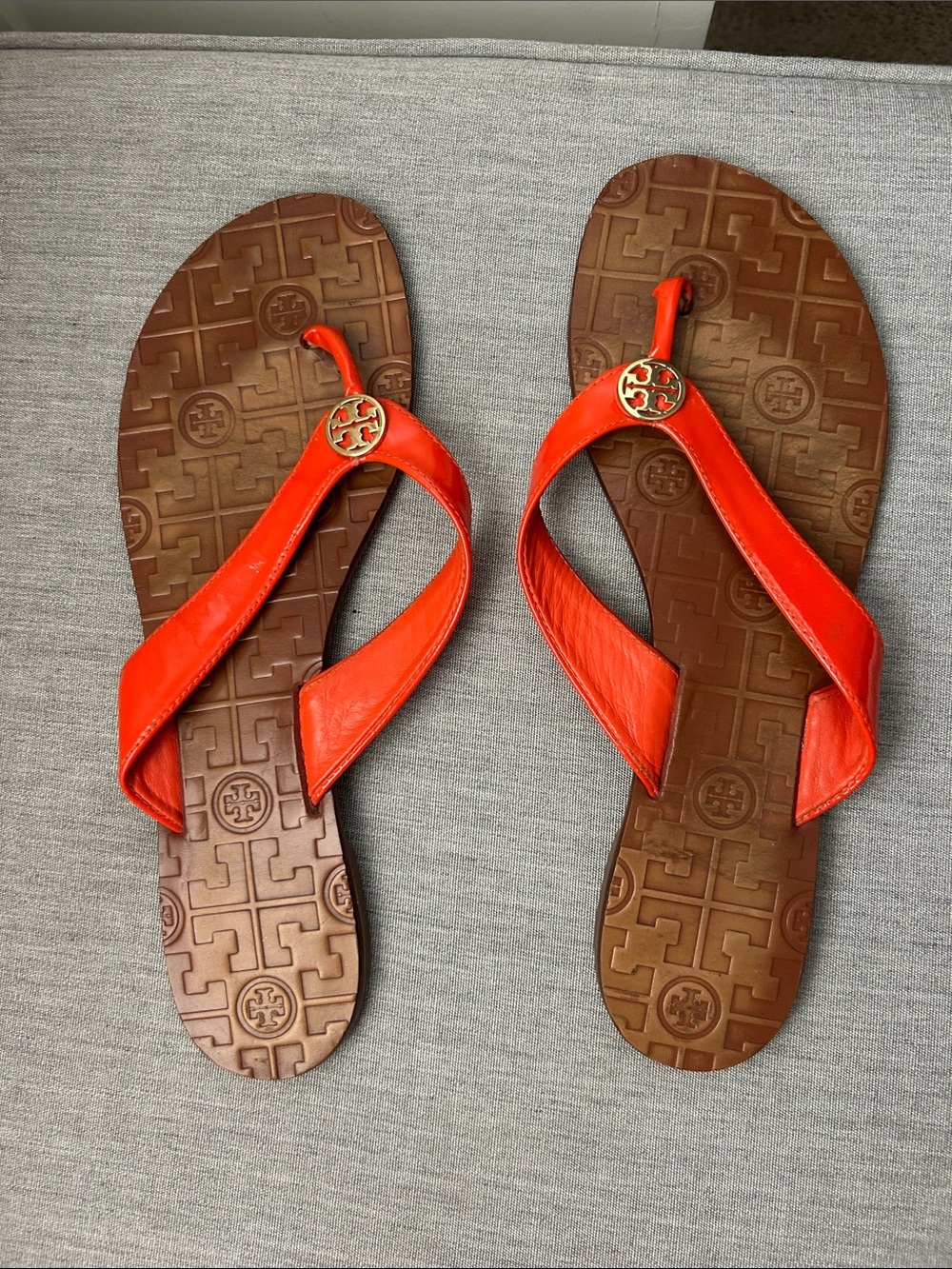 Tory Burch Orange Patent Leather Logo Flip Flops